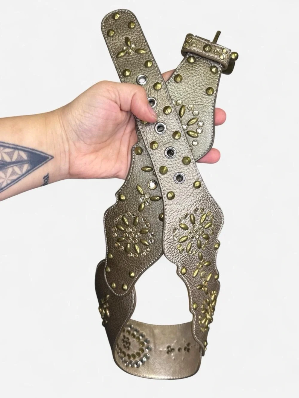 Y2K Kathy Van Zeeland Metallic Gold Toned Studded Belt